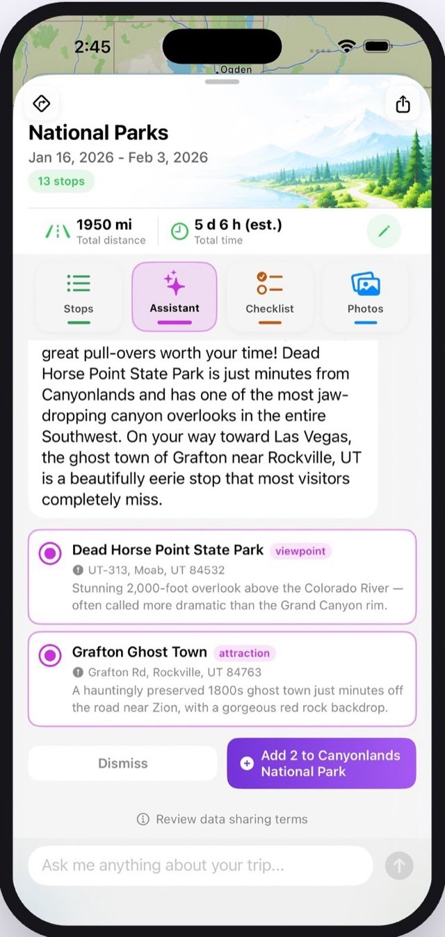 Mapsiti AI assistant suggesting Dead Horse Point State Park and Grafton Ghost Town