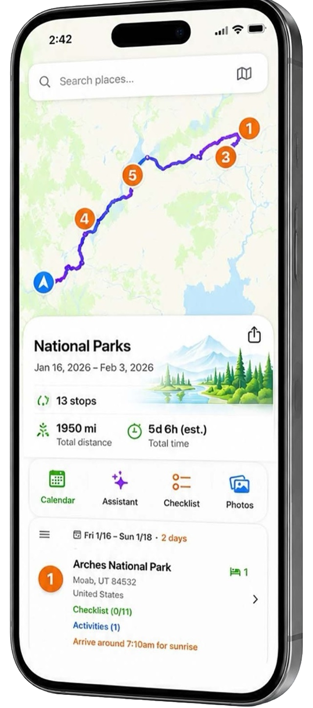 Mapsiti showing an optimized multi-stop route for a National Parks trip