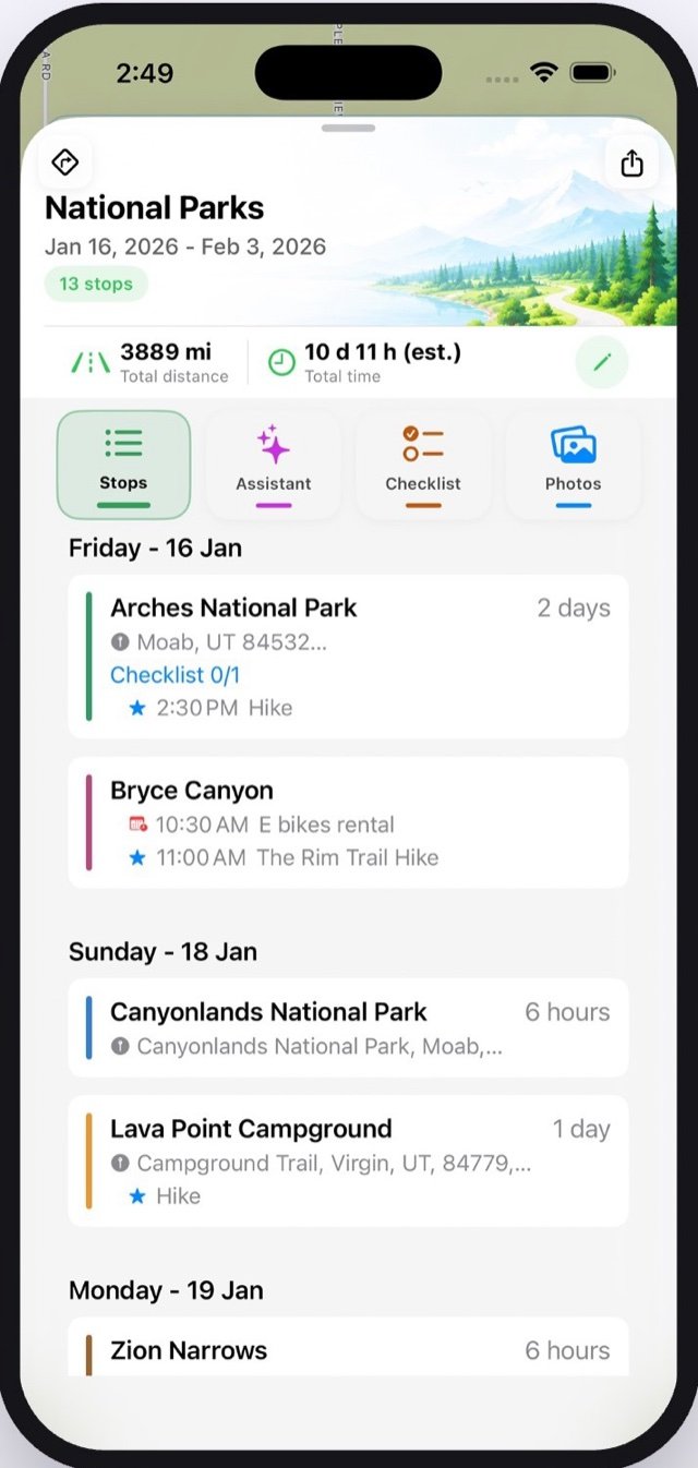 Mapsiti day-by-day timeline with checklists, activities and reservations