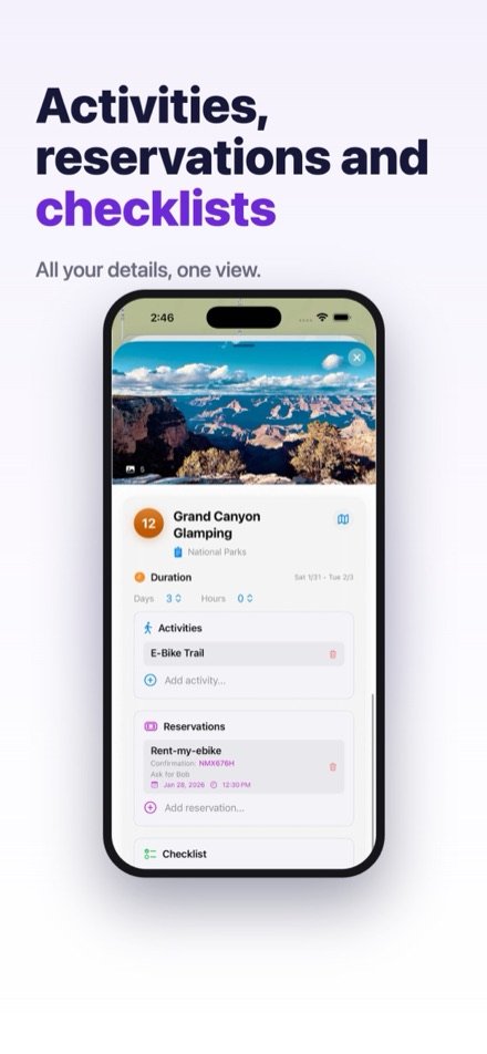 Mapsiti screenshot — activities, reservations and checklists